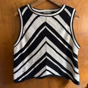 Nine West Black White Striped Sweater Vest Open Knit Minimalist Capsule XXL Boxy